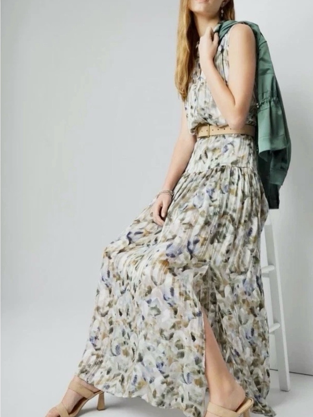 White House Black Market Chiffon Maxi Dress Womens XS Ikat Pleated NWT
